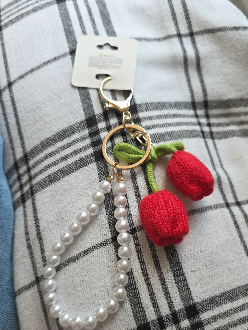 Pearl Loop Keychain with Knit Red Cherry Charm